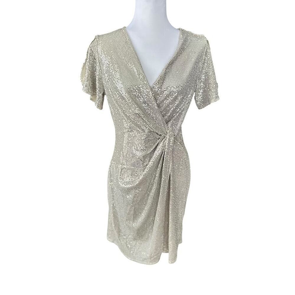 JM Studio John Meyer Silver Sequin Dress 12 Stretch Metallic Fabric Wrap Party